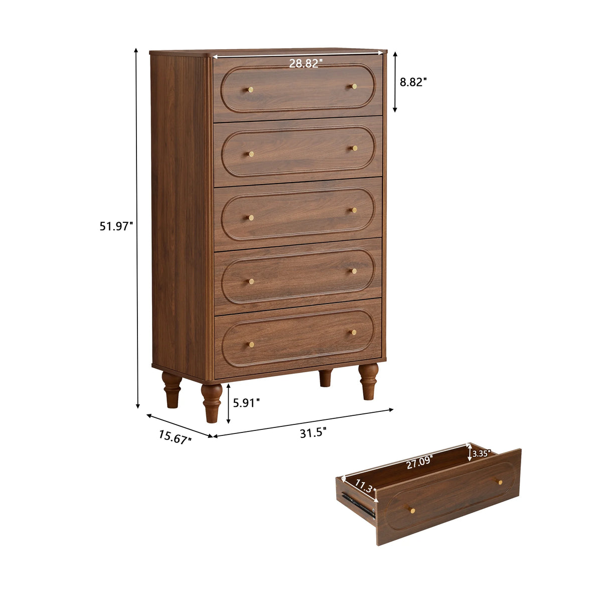 YOCWO 3 Drawer Nightstand, Classic Chest of Drawers with Arc Edge, Walnut
