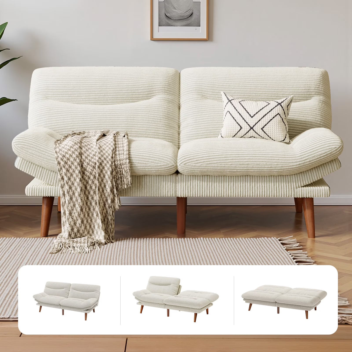 CHITOOMA 66" Futon Sofa Bed with Adjustable Backrest and 6-Level Armrests, Grey Corduroy Convertible Futon Couch, Comfy Loveseat for Small Spaces, Apartment or Office