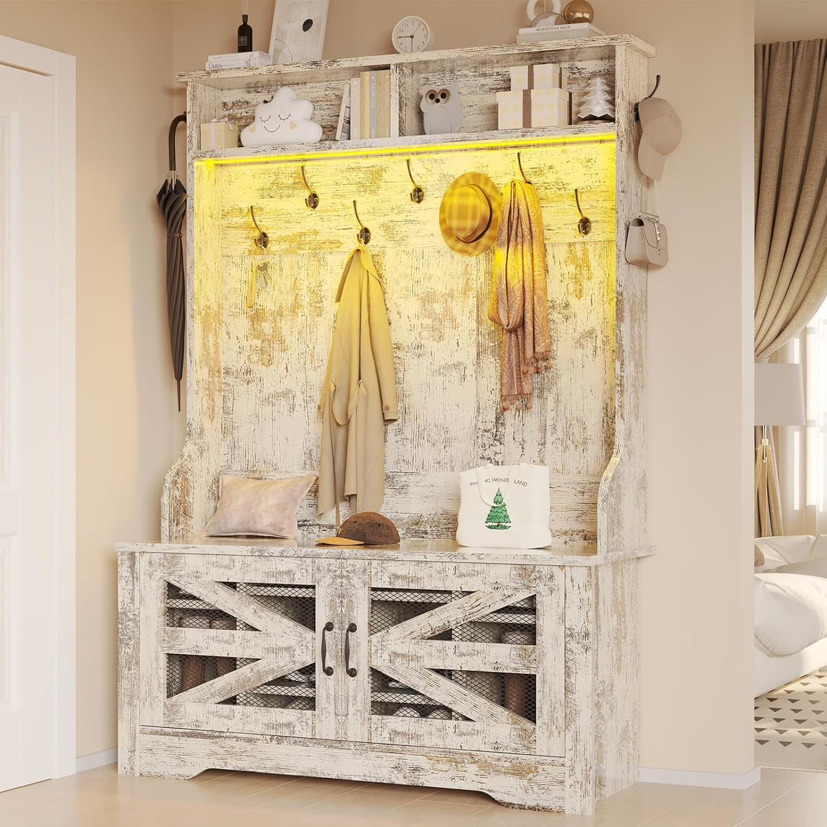 Hall Tree with Bench and Shoe Storage, 5-in-1 Entryway Bench with Coat Rack, 10 Shoe Cubbies & 9 Coat Hooks, Barn Door & Adjustable Shelf, Rustic Brown