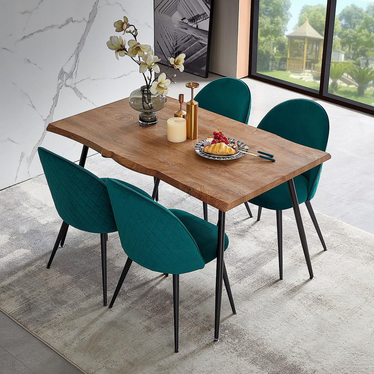 NORDICANA Dining Table Set for 4,Stylish Table with Strong Metal Legs & Modern Dining Chair Armlss Beautiful Home Chair Indoor Velvet Accent Chair with High Back Design,Perfect for Dining Room
