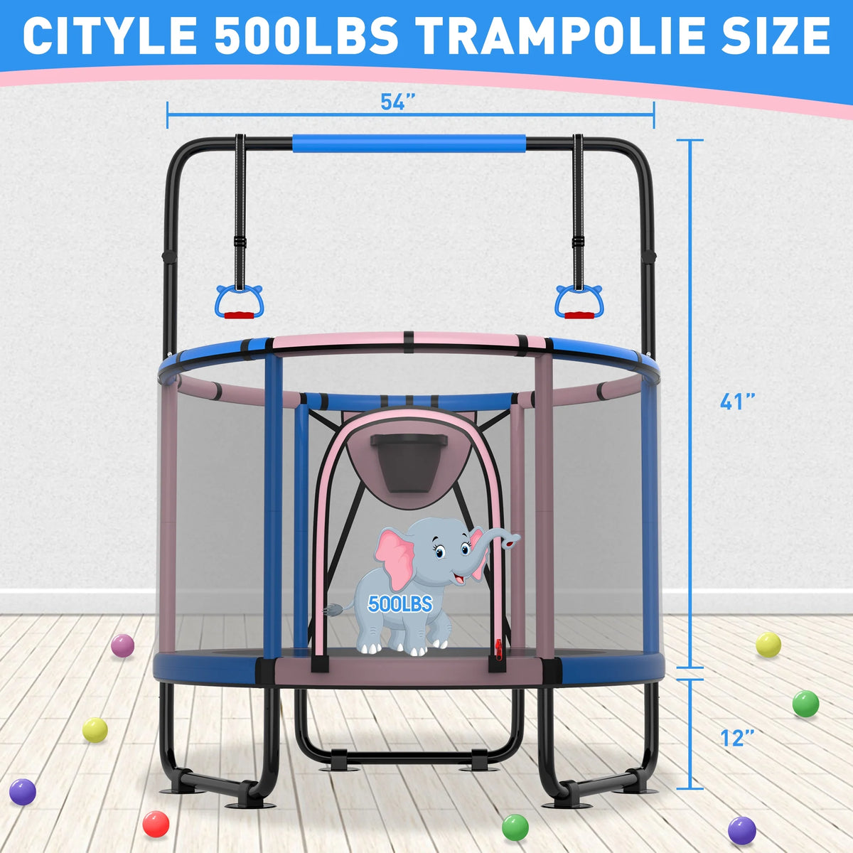 CITYLE Trampoline for Kids 600LBS 60'' 5FT Toddler Trampoline Indoor Outdoor with Basketball Hoop, Swing, Adjustable Bar, Mini Small Trampoline with Enclosure, Gifts for Toddlers, Boys & Girls