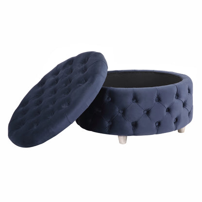 WestinTrends Wordford Round Velvet Tufted Storage Ottoman, Velvet Navy Blue