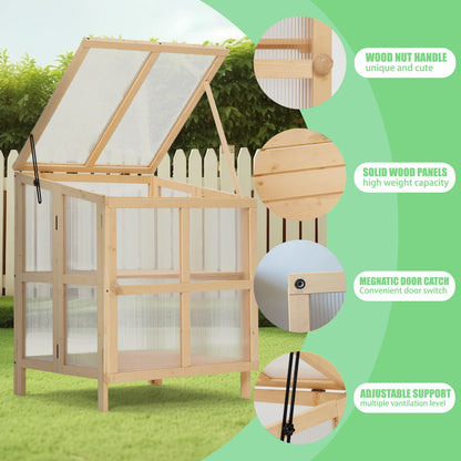 Youmumeub Wooden Cold Frame Greenhouse, 2-Tier Raised Garden Planter with Polycarbonate Panels for Season Extension, Foldable, Natural Wood