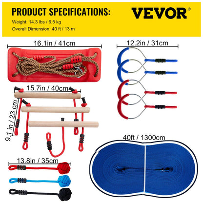 VEVOR Ninja Hanging Obstacle Course Portable 40ft. Slackline Monkey Bar Kit with 11 Swinging Obstacles.1 Climbing Rope. 4 Rings. 3 Monkey Bars - 250lb Capacity Backyard Playground Equipment Swing Set