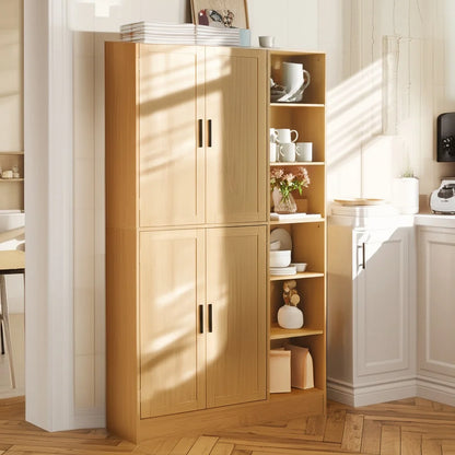 63" Tall Kitchen Pantry, Kitchen Pantry Cabinet with 4 Doors and Adjustable Shelves, Storage Cabinet for Dining Room, Laundry Room, Oak