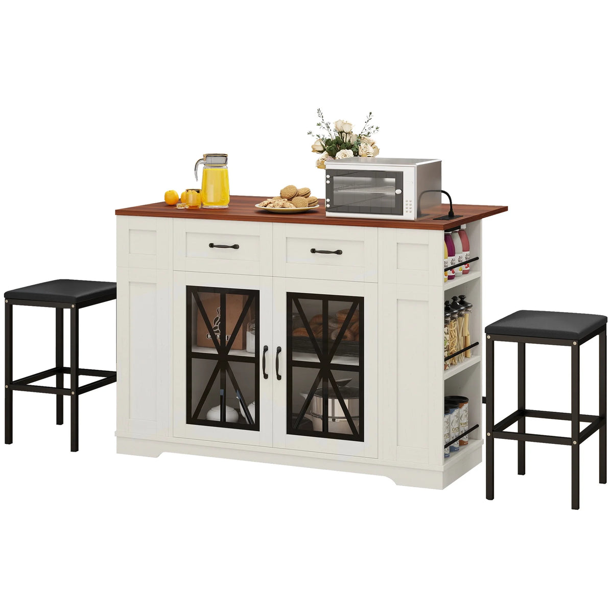 Uforic Kitchen Island Table with Seating & Drop Leaf, Kitchen Island with Storage & Wheels, Off-White