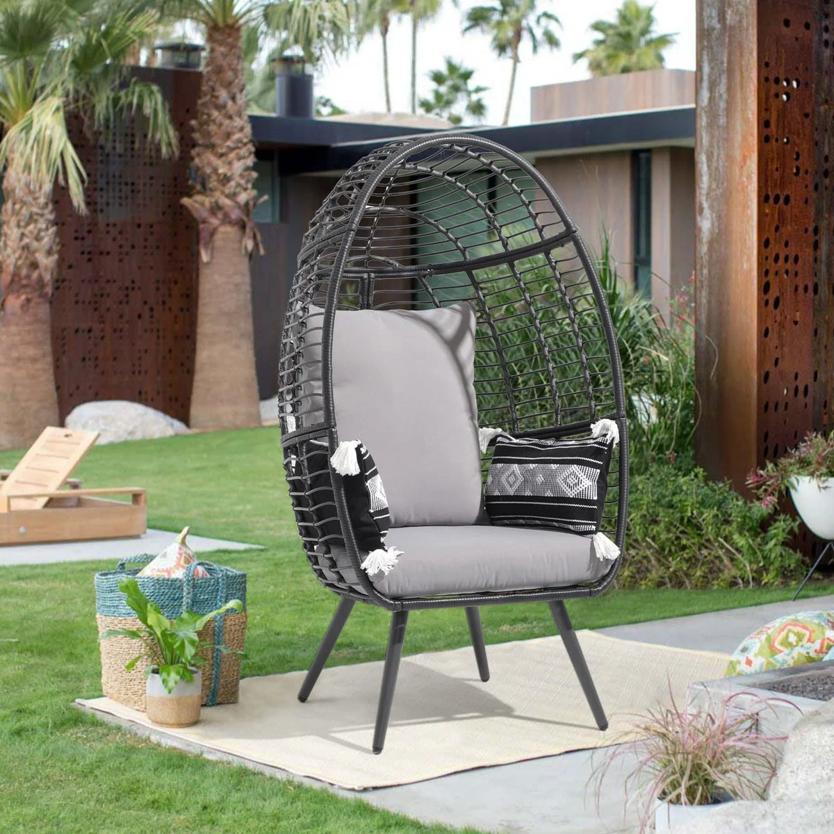 Indoor Outdoor Swing Egg Chair with Stand, Patio Foldable Grey Wicker Rattan Hanging Chair with Cushion, Light Gray
