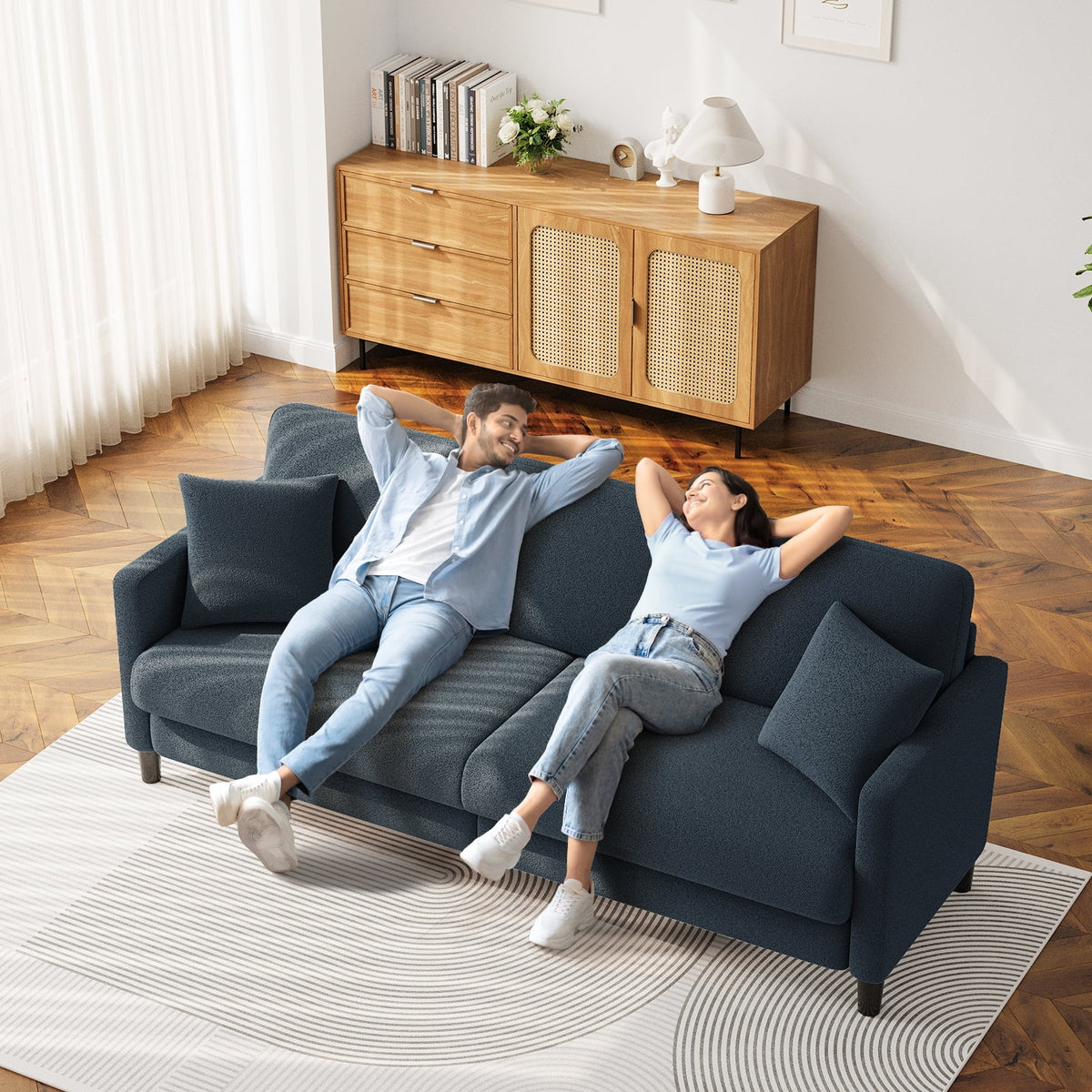 83" Comfortable Upholstered Sofa, 3 Seater Couch for Living Room, Neche Big Loveseat with Extra Deep Seats , 2 Pillows, Beige White