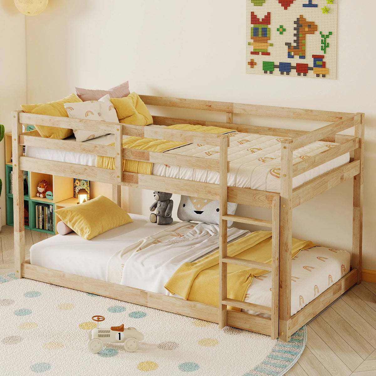 SESSLIFE Bunk Bed Twin Over Twin, Low Floor Bunk Bed with Guard Rails for Dorm, Small Space, No Box Spring Needed(White)