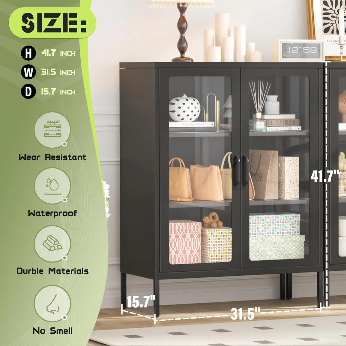 SUNCROWN Metal Storage Cabinet, Curio Display Cabinet with 2 Glass Display Door and 4 Shelves, Side Storage Organize, Modern Bookshelf Cabinet for livingroom, Bedroom, Kitchen, Black