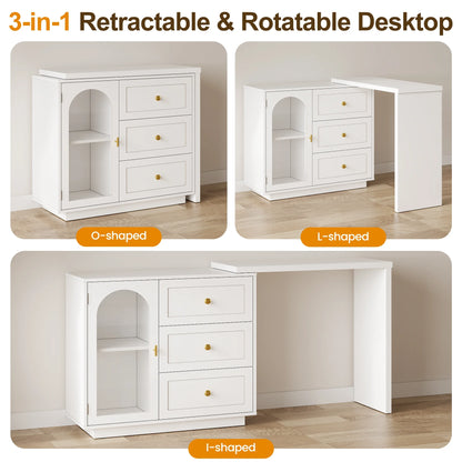 CozyHome 59�� Extendable Corner Vanity Desk with Rotatable Tabletop, Large White Makeup Vanity Table for Women Girl, 3 Drawer & 1 Door, Wood Vanity Dresser for Apartment, Dorm, Study Room, Home Office