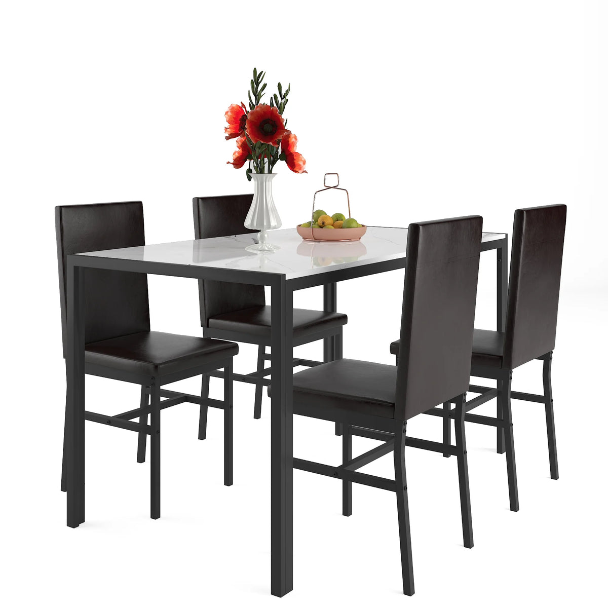 5 Piece Dining Set, Modern Dining Table and Chairs Set for 4, Counter Height Bar Table Set, Modern Pub Table with 4 Velvet Fabric Cushioned Stools, Faux Marble Dining Table & Stools Set, D9297