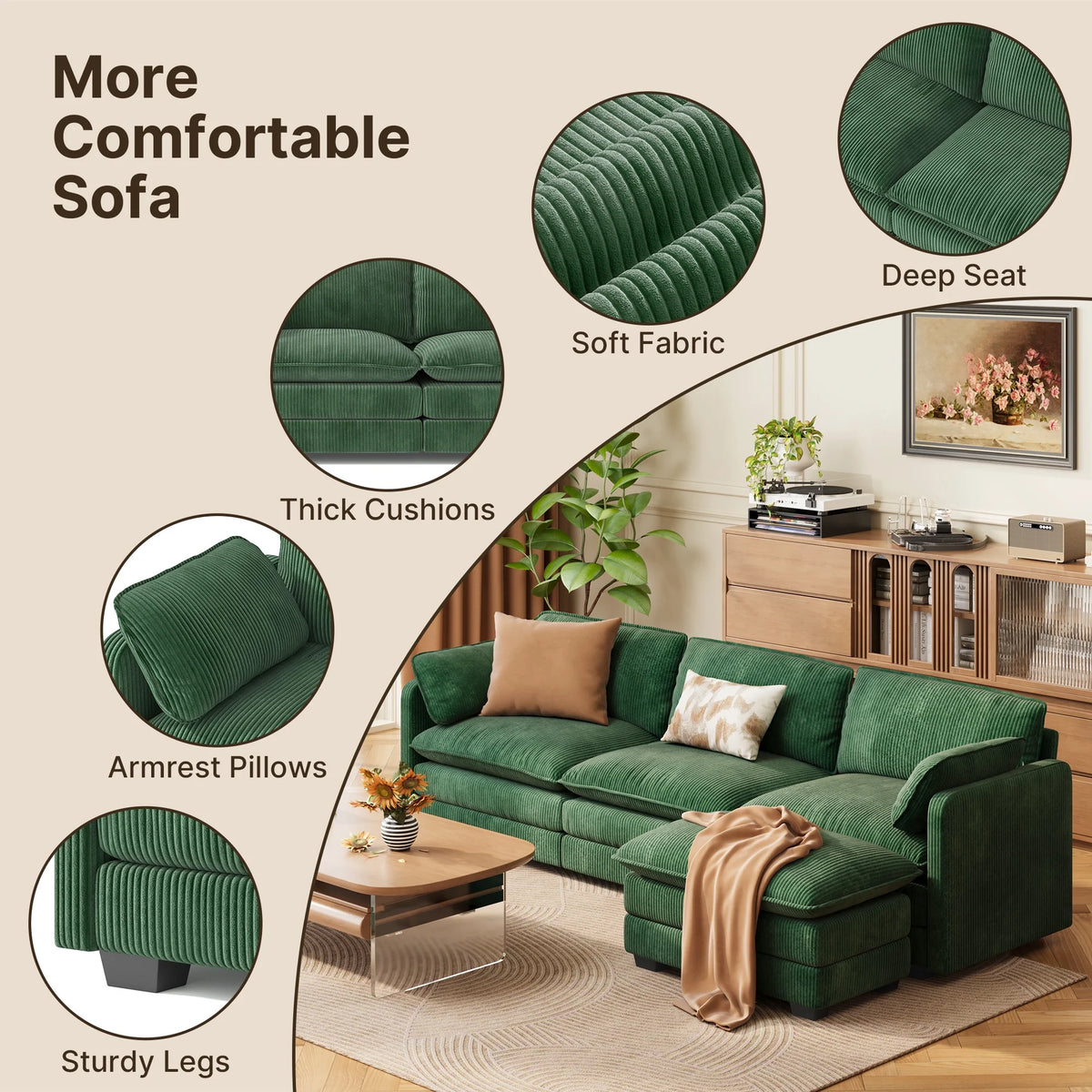 110" Sectional Sofa, L-Shaped Sofa Couch with Deep Seat and Movable Footrest Sofa for Office|Living Room, Gray