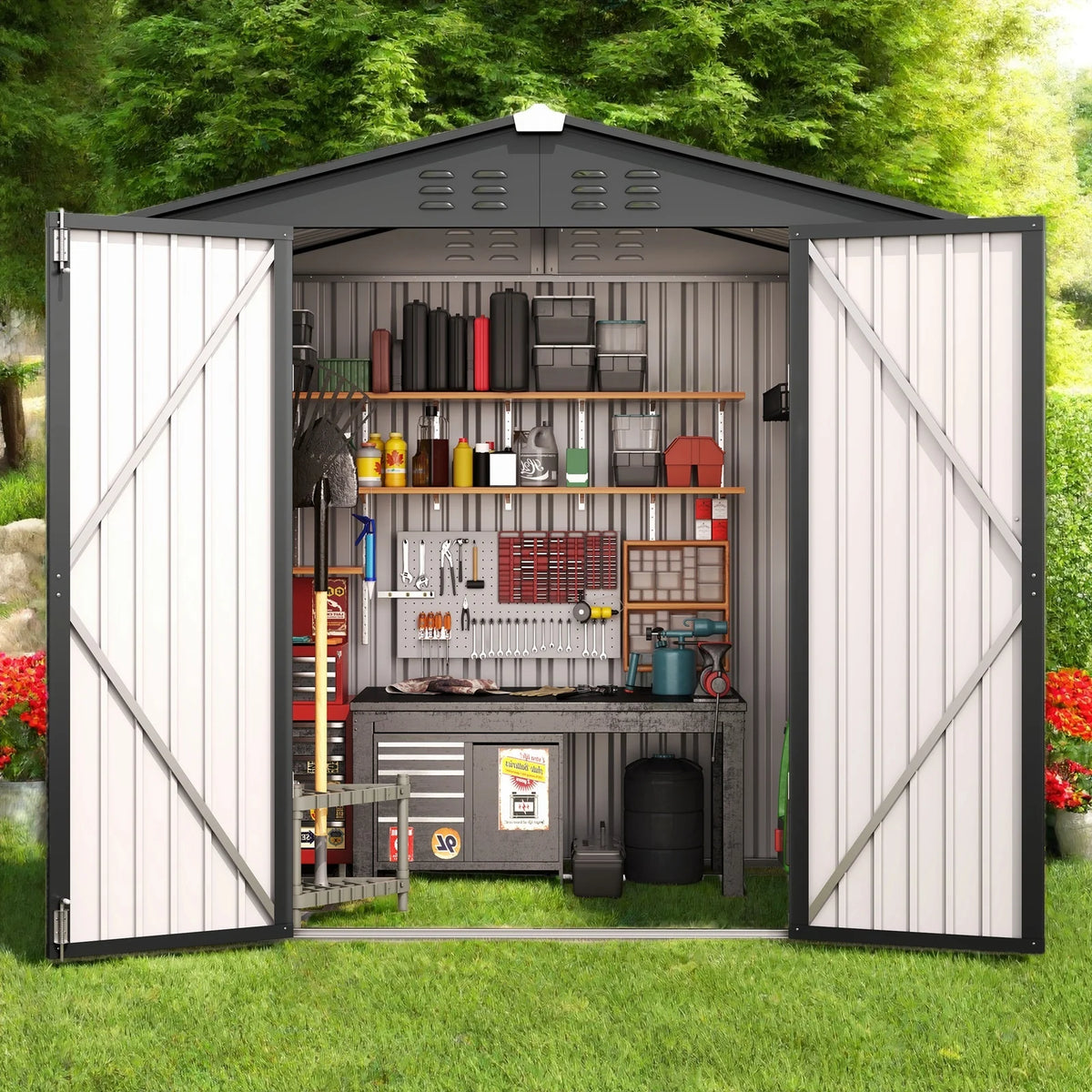 6x4FT Metal Outdoor Storage Shed, Garden Tool Shed with Lockable Doors & Slooping Roof for Backyard,Patio,Dark Grey