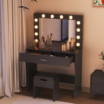 Vanity Table Set with Lighted Mirror,Makeup Vanity with Lights, Large Drawer Sturdy Wood Vanity, White