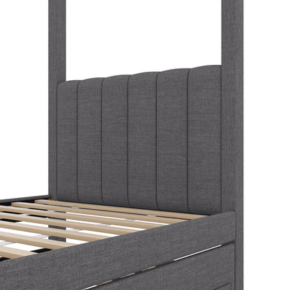 Harper & Bright Designs Twin Size Upholstery Canopy Platform Bed with Trundle and 3 Storage Drawers, Captain Platform Bed Frame with 4-Poster Canopy Roof, Beige