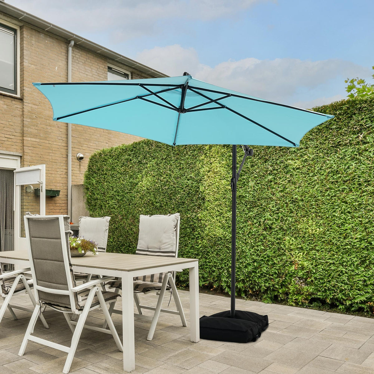 Ainfox 10ft Cantilever Patio Umbrella with Lights, Offset Market Umbrella with Sandbags Weighted Base and Cross Base,Khaki