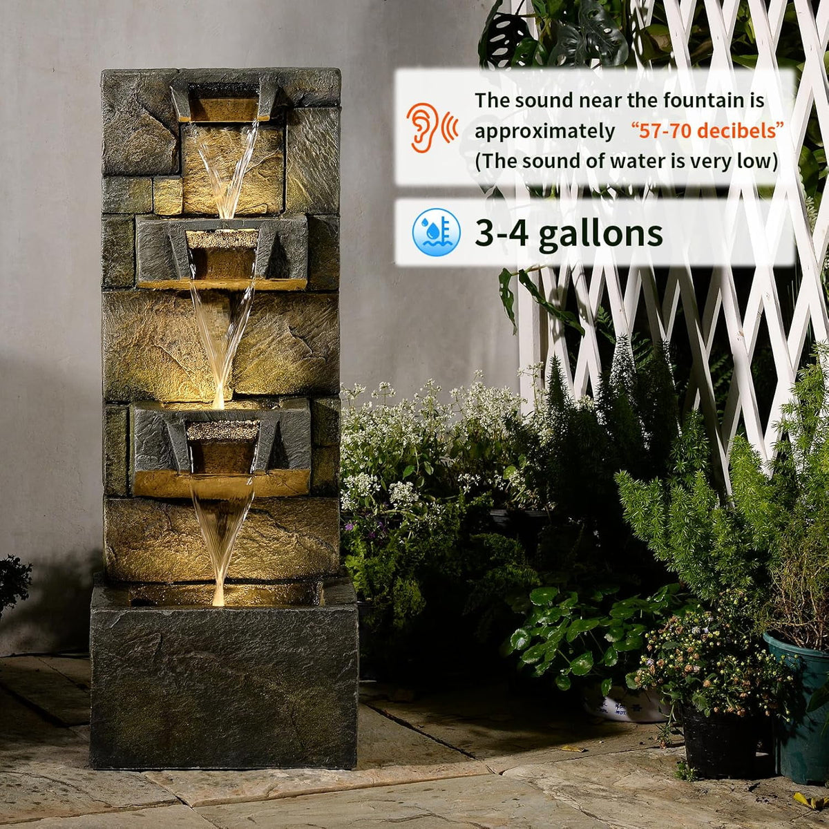 32.2" 3-Tier Outdoor Garden Water Fountain with LED Lights, Mossy Stone Cascading Resin Waterfall Feature for Patio, Yard, or Porch Decor