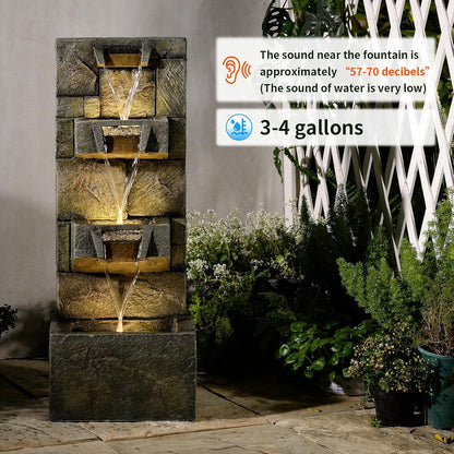 32.2" 3-Tier Outdoor Garden Water Fountain with LED Lights, Mossy Stone Cascading Resin Waterfall Feature for Patio, Yard, or Porch Decor