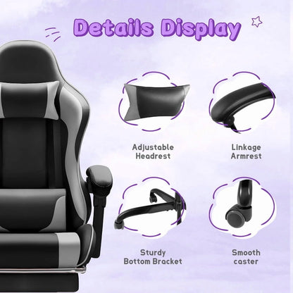 Lacoo PU Leather Gaming Chair Massage Ergonomic Gamer Chair Height Adjustable Computer Chair with Footrest & Lumbar Support, White