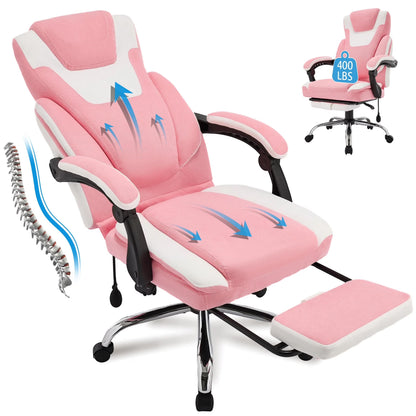 JONPONY Big and Tall Office Chair 400lbs, Executive Reclining Office Chairs with Footrest, High Back Home Office Chair Thick Padded Armrests, Ergonomic Adjustable Lumbar Support, PinkWhite