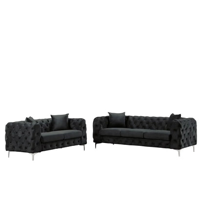 Morden Fort Modern Contemporary 2 Piece of Loveseat and Sofa Set with Deep Button Tufting Dutch Velvet, Solid Wood Frame and Iron Legs-Black