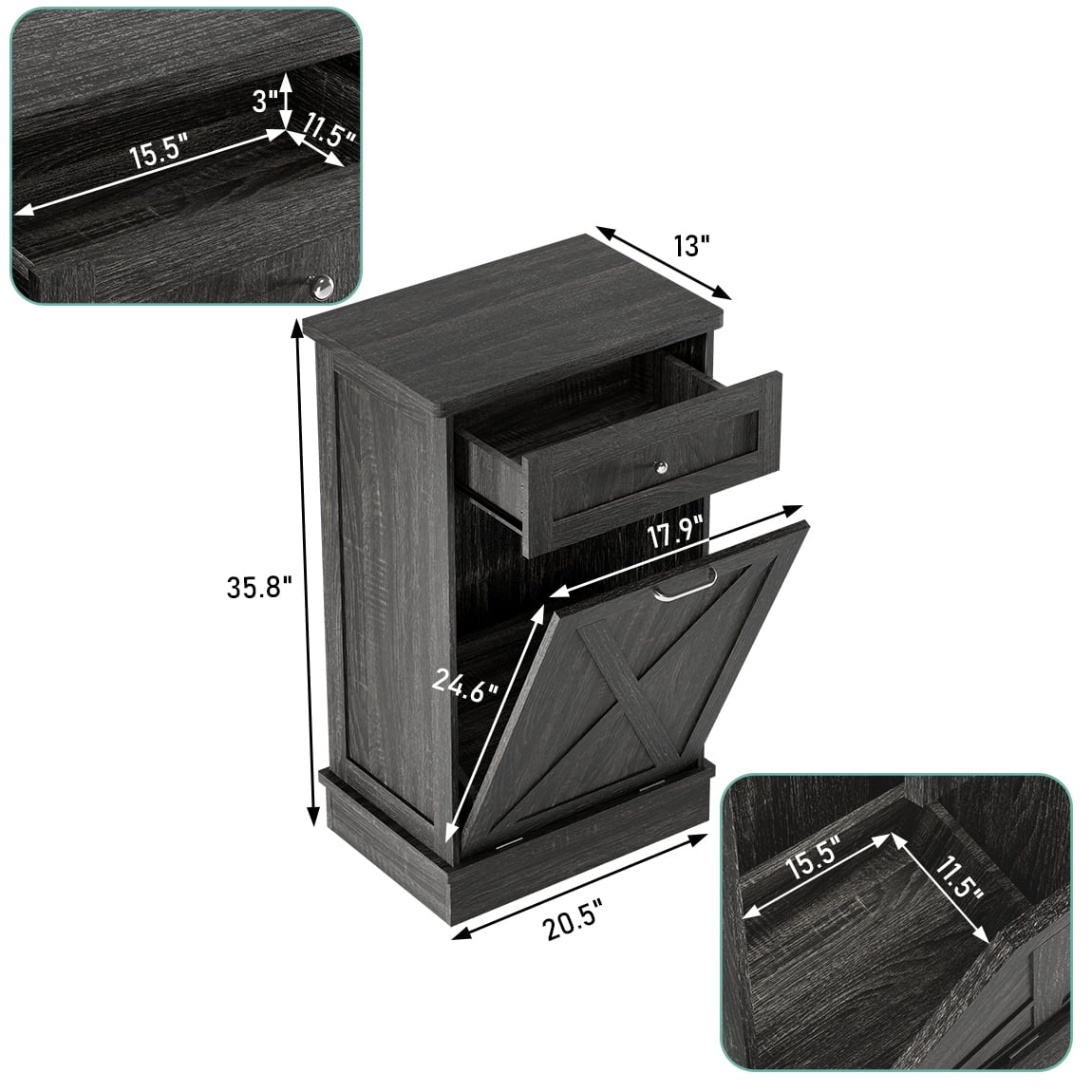 Tolead Double Tilt Out Trash Cabinet, Wooden Free Standing Laundry Sorter Cabinet, with Hideaway Drawer, White