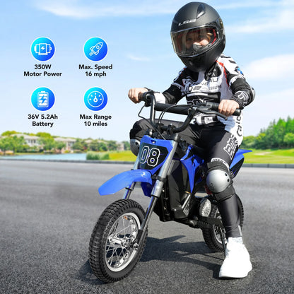 36V Kids Electric Dirt Bike,Fast Speed Electric Motorcycle Up to 16 MPH & 10 Miles Long-Range, 3-Speed Modes, Twist Grip Throttle, Dual Suspension & Brakes for Kids Ages 5-10 Ride on Toys