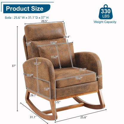 Hassch Upholstered Rocking Chair, Linen Fabric Glider Rocker with High Back, Accent Chair with Solid Wood Base, Reading Chair with Side Pocket for Living Room Bedroom Balcony, Gray