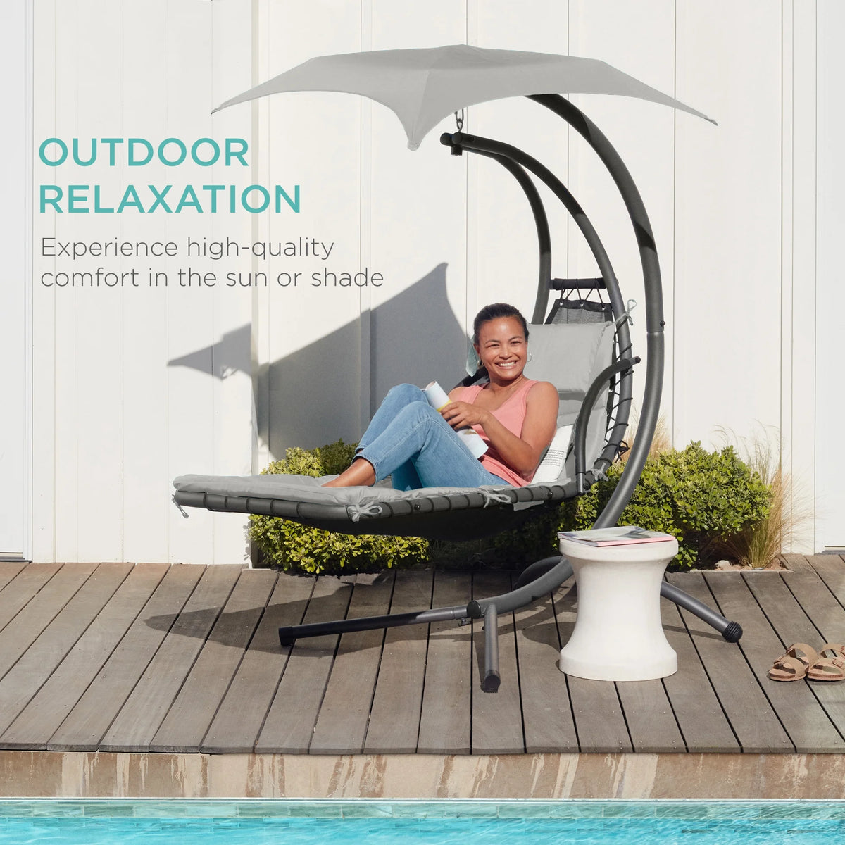 Best Choice Products Hanging Curved Chaise Lounge Chair Swing for Backyard, Patio w/ Pillow, Shade, Stand - Teal