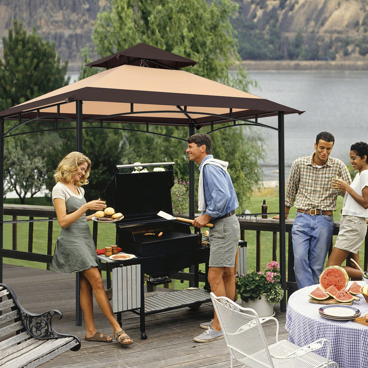 MASTERCANOPY 8' x 5' Grill Gazebo Outdoor BBQ Gazebo Canopy with LED Lights for Patio, Brown