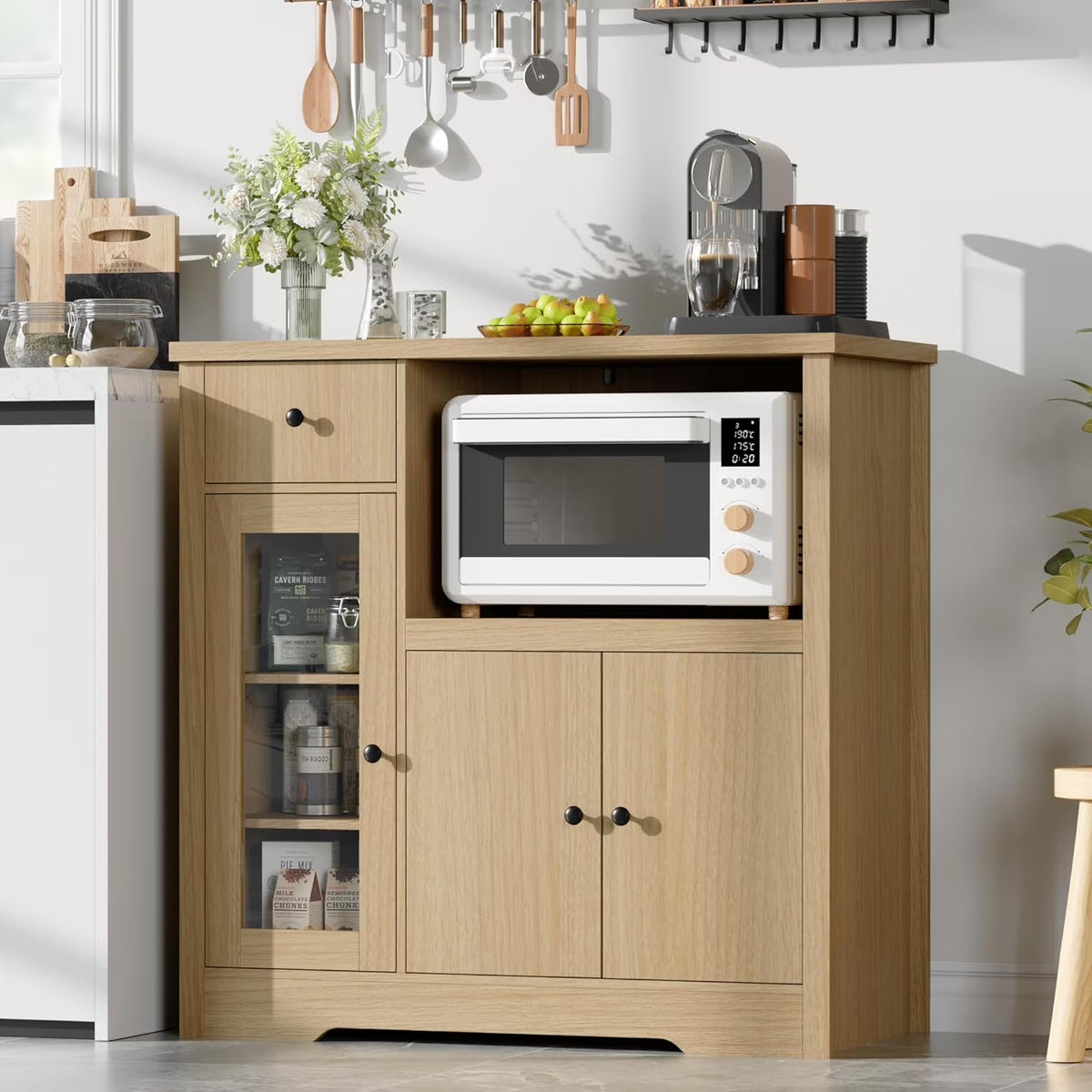 Kitchen Microwave Cabinet with Storage,Buffet Sideboard with 3 Doors, 1 Drawer & Adjustable Shelves, Pantry Storage Cabinet, White