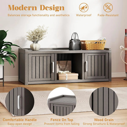 KAMABOKO Outdoor Shoe Storage Cabinet, Waterproof UV-Resistant Entryway Storage Bench Indoor Outdoor with 2 Barn Doors, Adjustable Shelves for Entryway, Bedroom, Hallway,Living Room(Black)