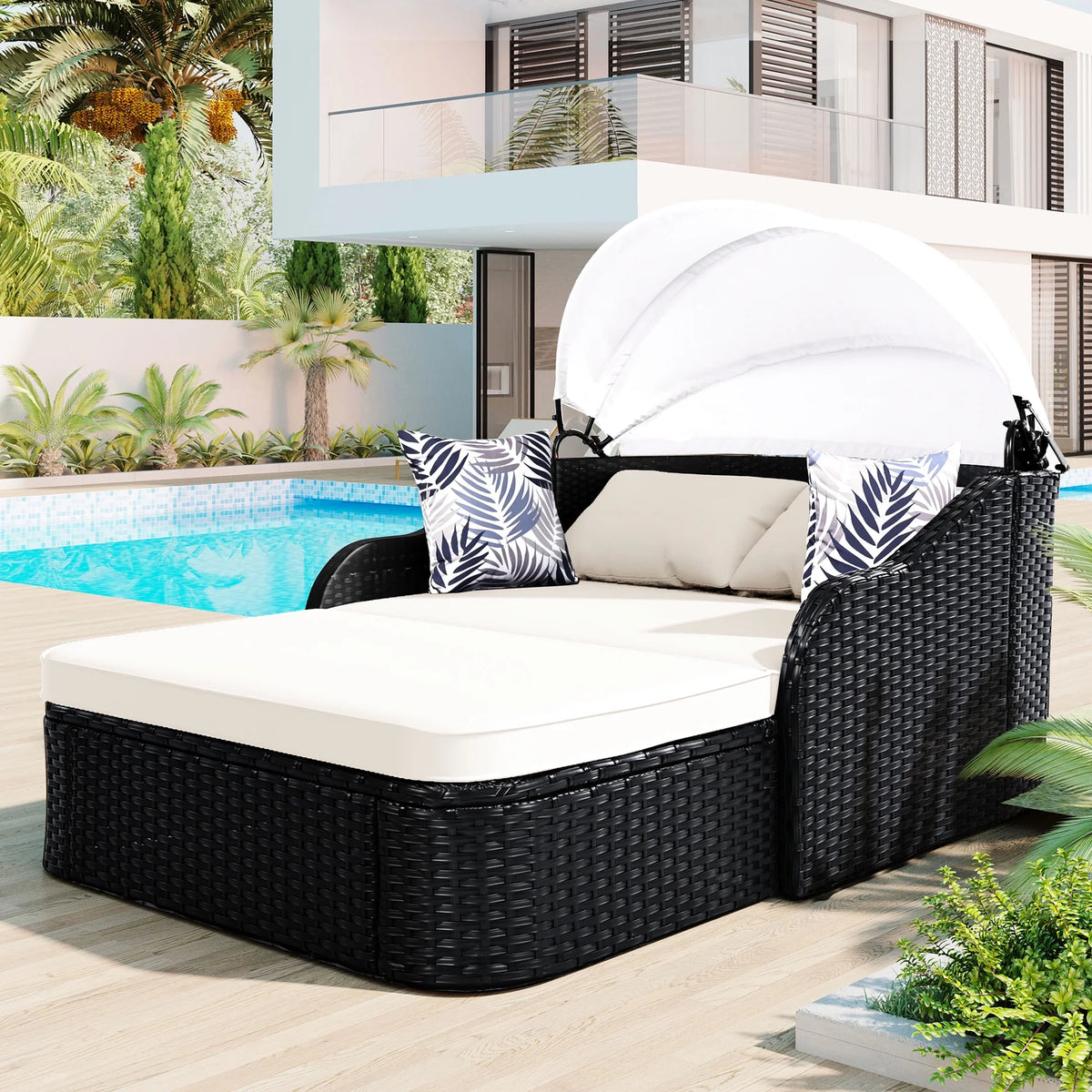 Outdoor Sun Lounger With Adjustable Canopy And Relaxing Pillow - Pe Black Blue Cushion 79.9" Daybed Cozy