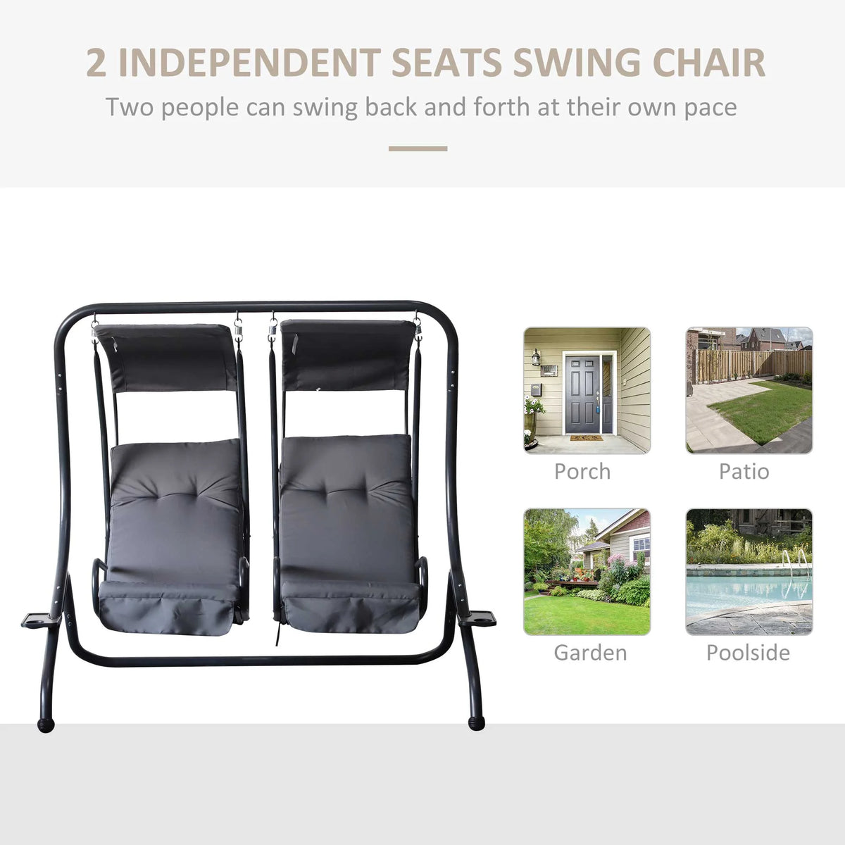 Outsunny 2-Seat Modern Steel Canopy Porch Swing with Cup Holder and Cushions, Beige/Black