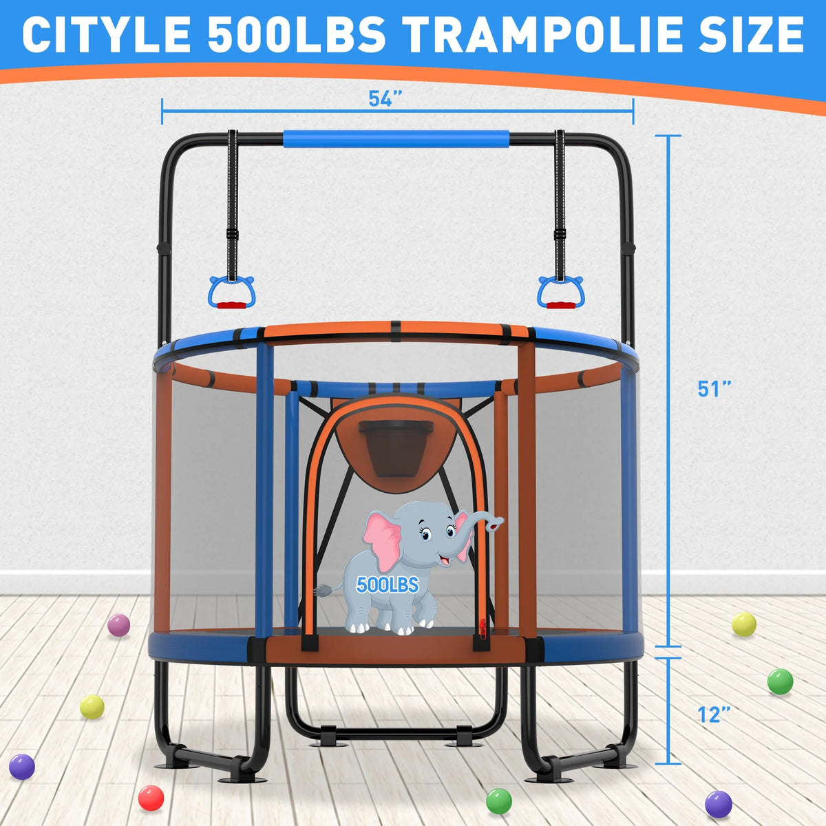 CITYLE Trampoline for Kids 600LBS 60'' 5FT Toddler Trampoline Indoor Outdoor with Basketball Hoop, Swing, Adjustable Bar, Mini Small Trampoline with Enclosure, Gifts for Toddlers, Boys & Girls