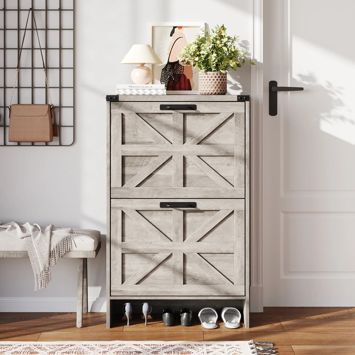 VEANERWOOD Shoes Storage Cabinet With Doors, Farmhouse Shoe Cabinet With 2 Flip Drawers For Entryway,Gray