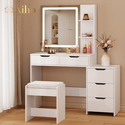 Makeup Vanity Desk with Mirror and Lights, 43.5�� Vanity Table with 5 Drawers & Storage Shelves, White