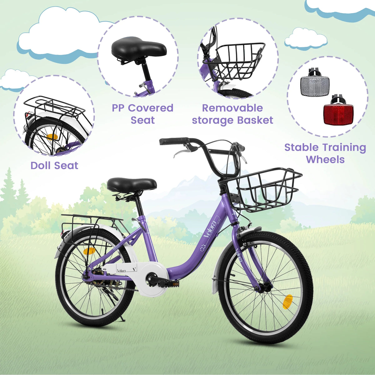 20 Inch Kids Bike for Boys Girls, 1 Speed Children Bicycle with Basket, Rear Seat, Chain Guard, Coaster Brake and V-Brake, Steel Frame Kids Bike for Ages 6-12 Years Old Birthday Gift, Purple