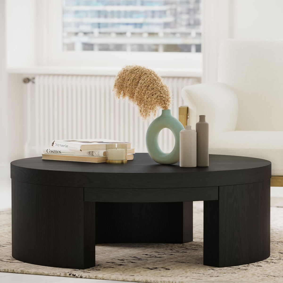 Beautiful Mod Round Coffee Table by Drew Barrymore, Warm Honey Finish