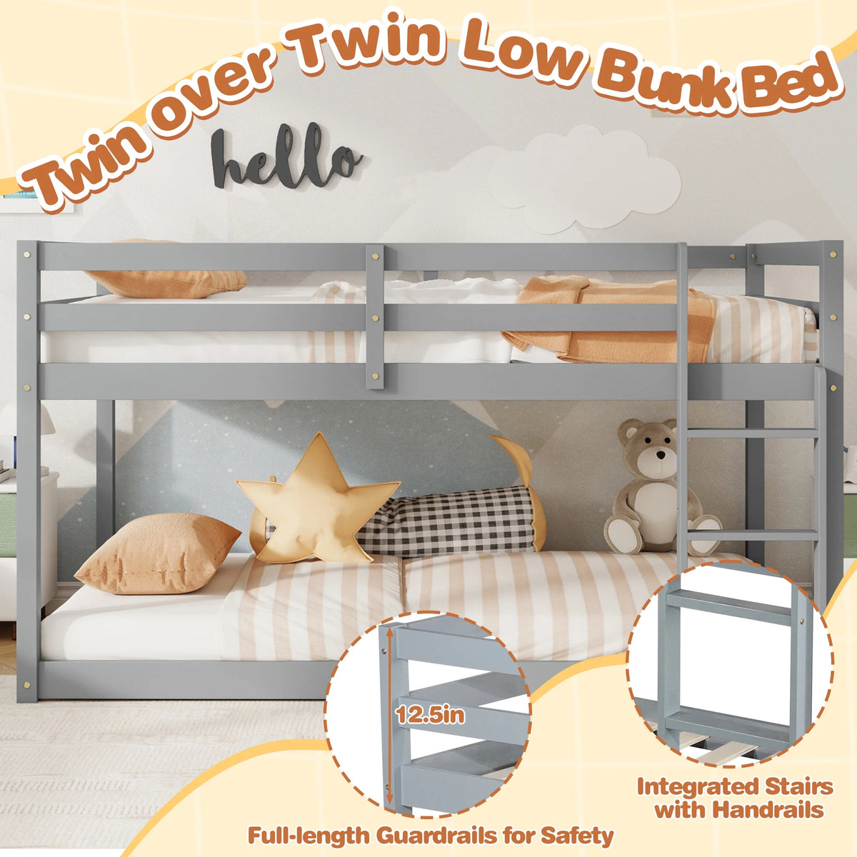 SESSLIFE Bunk Bed Twin Over Twin, Low Floor Bunk Bed with Guard Rails for Dorm, Small Space, No Box Spring Needed(White)