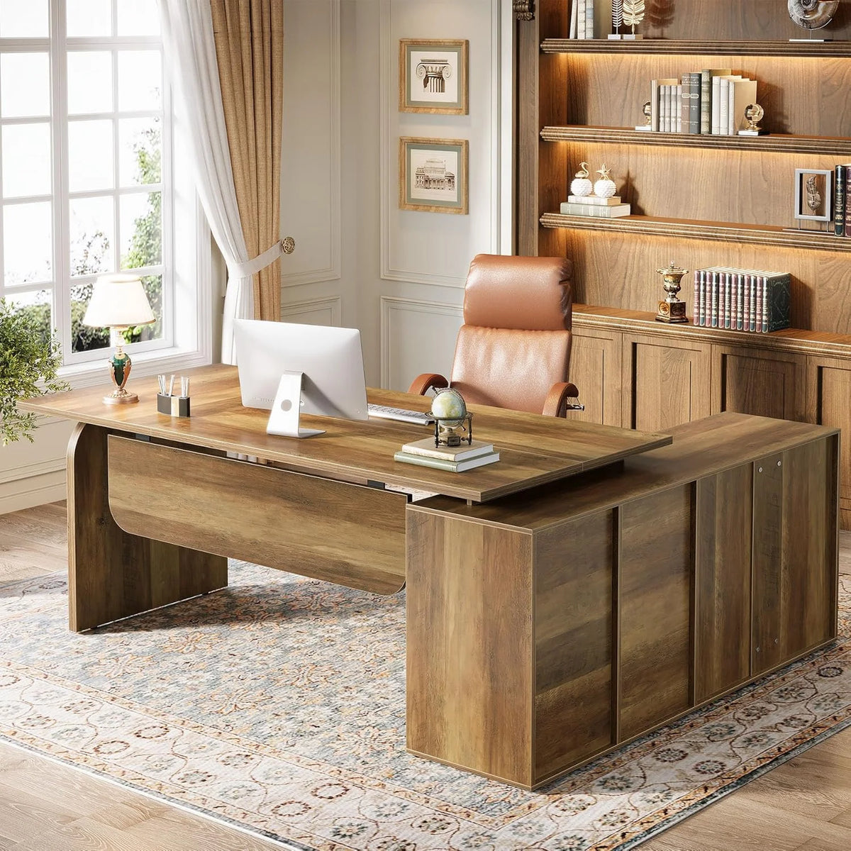 Tribesigns L Shaped Desk, 71-Inch Executive Office Desk with File Cabinet, Farmhouse Large Computer Desk with Drawers, Rustic Brown