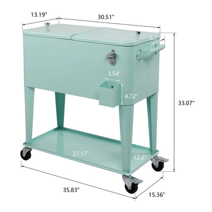 BNSPLY 80 Quart Outdoor Cooler Cart Rolling Ice Chest Cooler Cart, Portable Patio Cooler with Bottle Opener, Handles and Drainage, Standing Cooler for Patio Party, Camping and BBQ, Mint Green