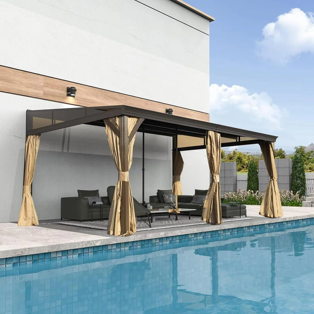 TOTAL Outdoor 10'x12' All-Season Sunroom Gazebo with Steel Roof, PVC Screen, Front & Side Door, Brown