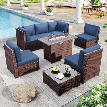 MRUAKA 8 Pieces Patio Furniture Set with Fire Pit Table, Outdoor Furniture Sectional Rattan Sofa with Slanted Back, Patio Couch with Glass Coffee Table for Backyard Garden (Dark Grey)