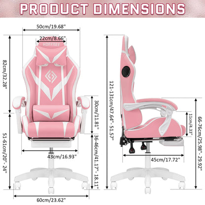 Hoffree Gaming Chair with Speakers PU Leather Office Chair with Footrest and LED Lights Ergonomic Gamer Chair with Massage Lumbar Support and Headrest Adjustable Swivel for Home Office 300lb