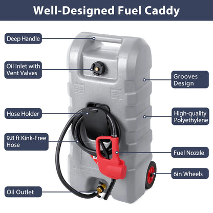 15 Gallon Fuel Caddy, Portable Gas Fuel Tank Container with LE Fluid Transfer Siphon Pump and 10ft. Delivery Hose, Diesel Storage Can On-Wheels for Cars, Lawn Mowers, ATVs, Boats, Gray