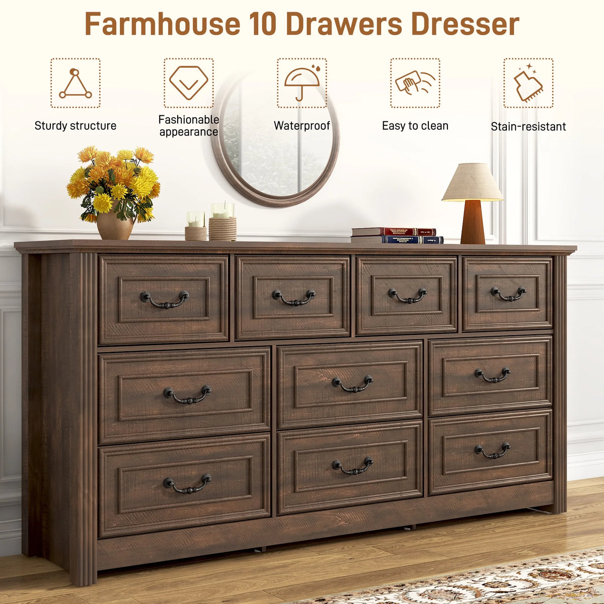 ChVans Farmhouse 12 Drawers Dresser for Bedroom, 63'' Wide Wood Rustic Chest of Drawers with Natural Texture, Vintage Design, Large Storage Dressers Organizer for Living Room, Hallway