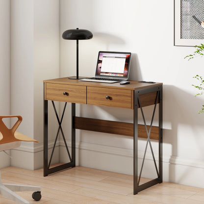 Manxile Fluted Computer Desk with USB Ports & Power Outlet, Modern White Study Table with Drawers