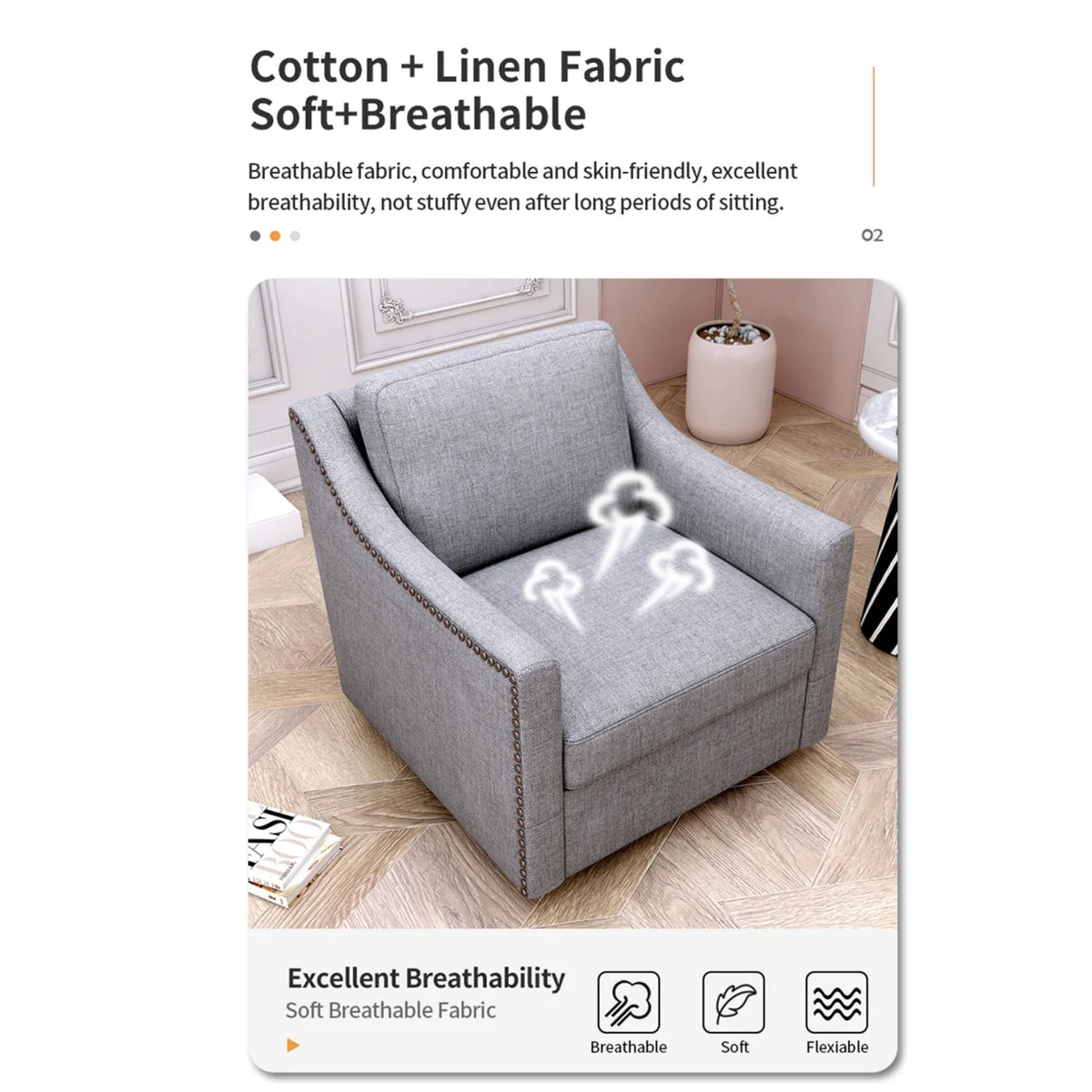 Swivel Accent Chair Armchair, 360�� Swivel Chair in Cotton Linen, Living Room Chairs with Wide Cusion and Curved Armrest, Comfy Barrel Sofa Reading Chairs for Bedroom, Small Spaces, Office, Grey